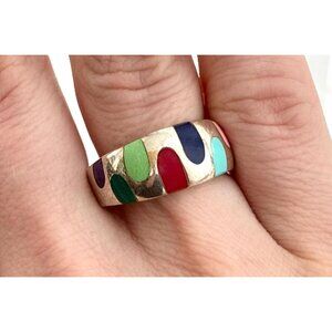 Mosaic Multi Gemstone Inlay Unusual 925 Sterling Silver Vintage Ring - sz 7